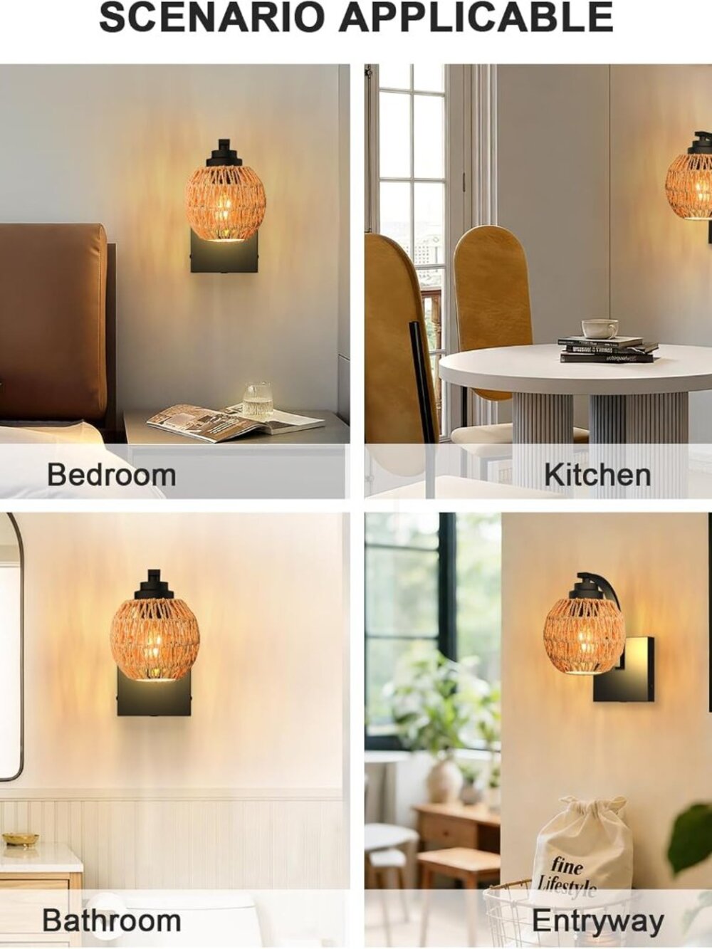 Battery Operated Rattan Wall Sconces Remote Control Rechargeable Wireless LED Li - Picture 4 of 8
